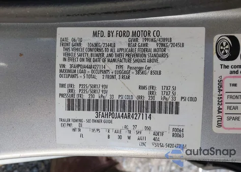 2010 Ford Fusion Sel from USA, damaged, VIN 3FAHP0JA4AR427114
